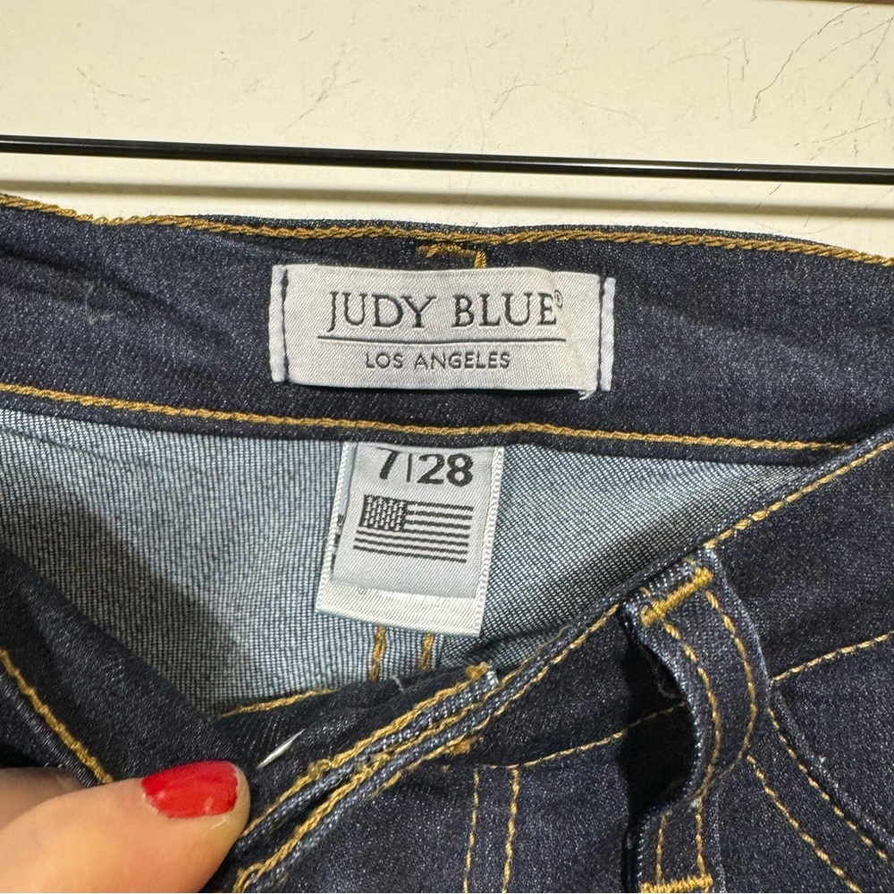 Judy Blue High Waist Super Flare Denim Blue Dark Jeans Raw Hem Women's Sz 7/ 28 - Picture 7 of 8